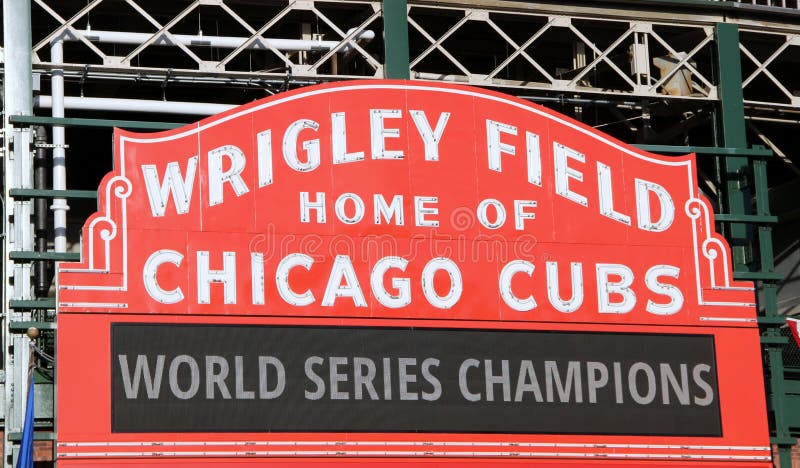 O sinal no campo de Wrigley anuncia a vitória dos world series de Cubs
