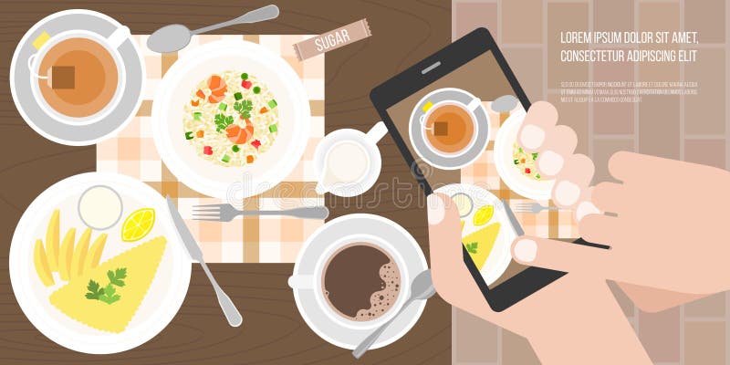 O smartphone do uso da mão toma a foto por tela tocante antes de comer no restaurante na vista aérea ilustração stock O smartphone do uso da mão toma a foto por tela tocante antes de comer no restaurante na vista aérea ilustração stock