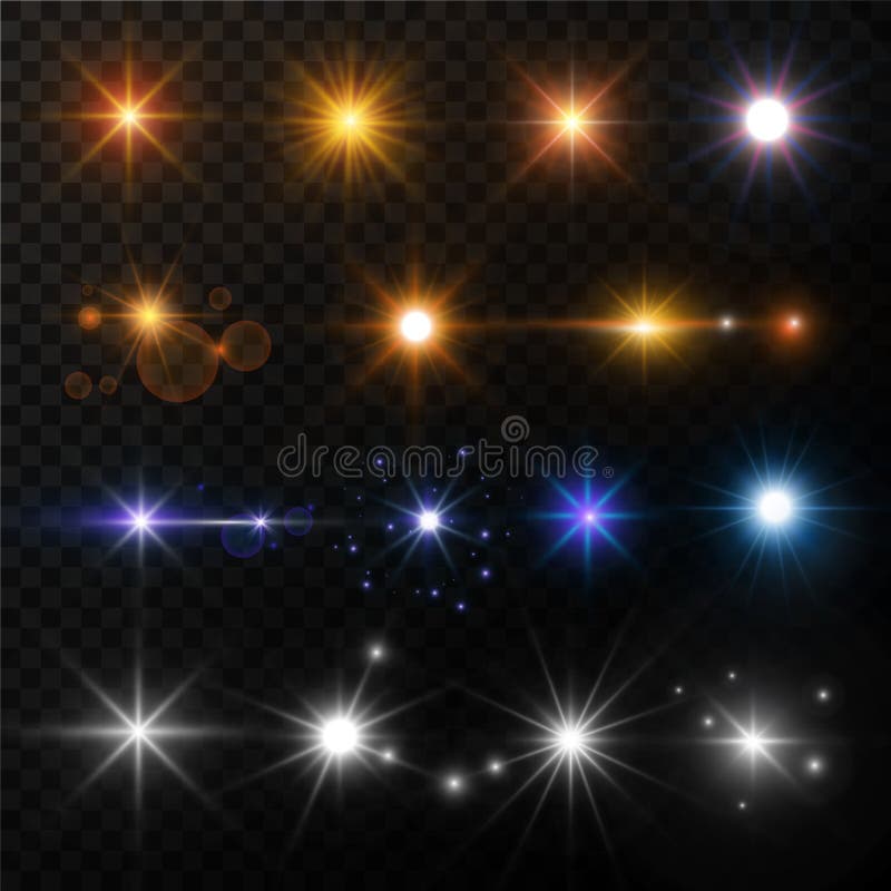 Light and stars shine golden white or blue neon lens flare effect. Vector isolated set of sunshine light flashes and sparkles with glare beams and twinkling glitter lights on transparent background. Light and stars shine golden white or blue neon lens flare effect. Vector isolated set of sunshine light flashes and sparkles with glare beams and twinkling glitter lights on transparent background