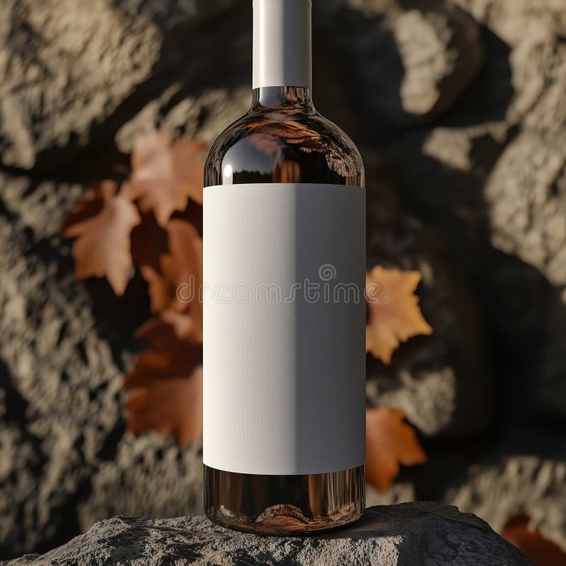 O sticlă de vin elegantă, cu o etichetă goală, fixată pe un mediu natural stock photo