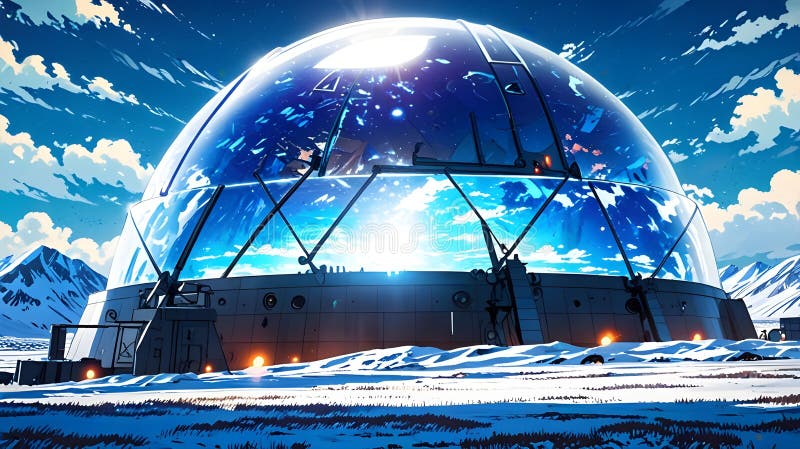 O structură masivă futuristă de dom care strălucește în mijlocul unui tundra arctică royalty free illustration