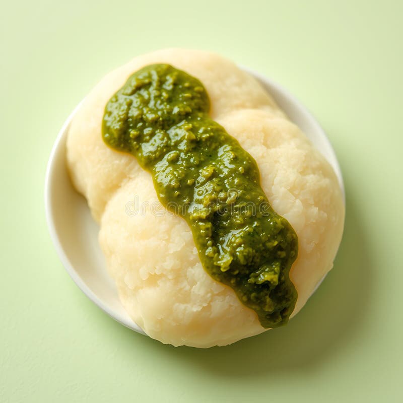 O strângere a khaman moale servit cu chutney verde pe fond verde pastel royalty free illustration