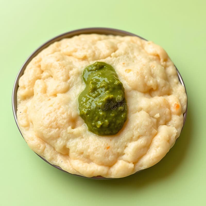 O strângere a khaman moale servit cu chutney verde pe fond verde pastel vector illustration