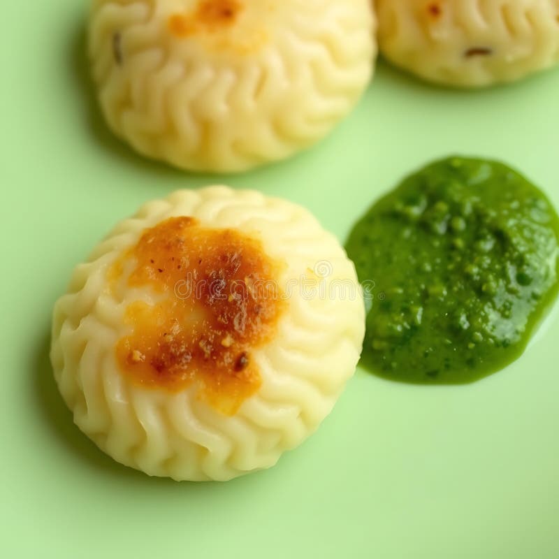 O strângere a khaman moale servit cu chutney verde pe fond verde pastel vector illustration