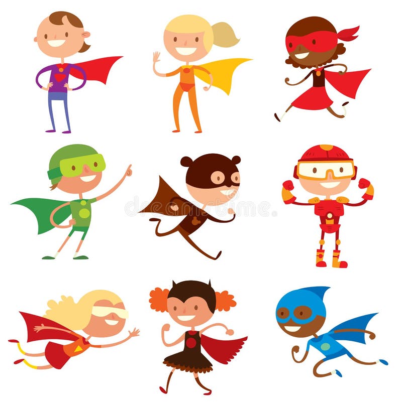 O super-herói caçoa o vetor dos desenhos animados dos meninos e das meninas ilustração stock O super-herói caçoa o vetor dos desenhos animados dos meninos e das meninas ilustração stock