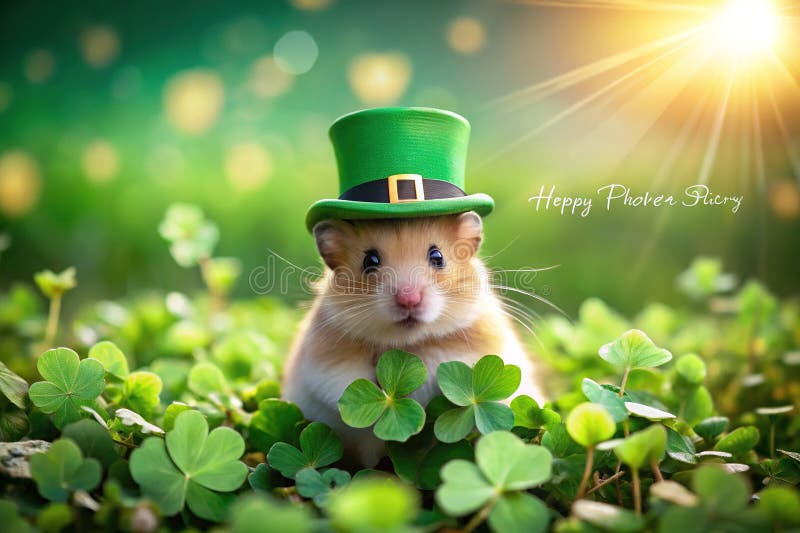 O sărbătoare capricioasă a Zilei Sf. Patricks Adorabil Hamster în Top Hat și Shamrock Decorați o Pajiște Însorită royalty free illustration