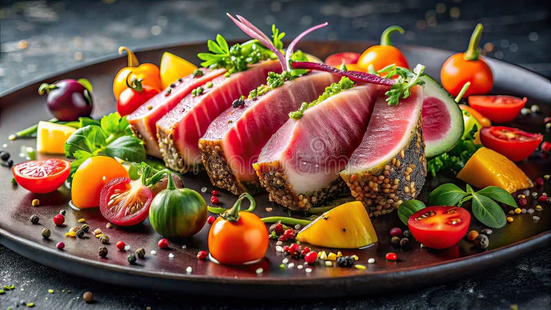 O Sărbătoare Vibrantă a Prospețimii Fel de Mâncare Gourmet cu Ton Ahi și Legume O Capodoperă Culinara Capturată în Imagini Uimitoa vector illustration