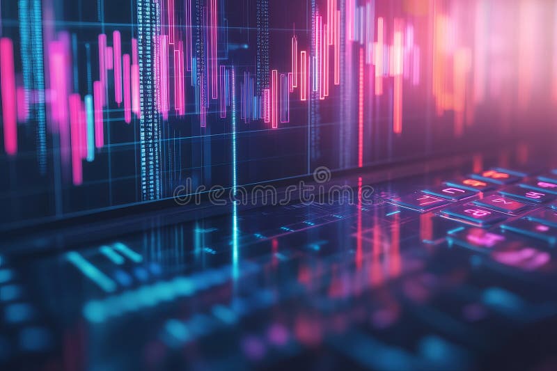 O tastatură de calculator cu un ecran care afișează un grafic colorat stock illustration