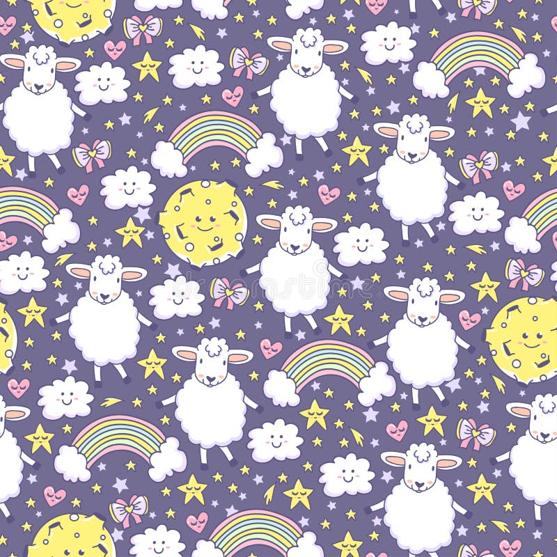 O teste padrão o mais bonito com arco-íris, cordeiro, lua, estrelas, curvas, corações e nuvens ilustração royalty free O teste padrão o mais bonito com arco-íris, cordeiro, lua, estrelas, curvas, corações e nuvens ilustração royalty free