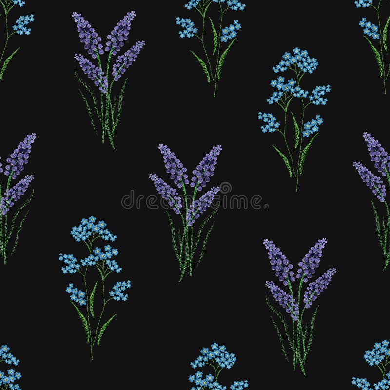 O teste padrão sem emenda botânico com alfazema e miosótis de florescência bordados floresce no fundo preto backdrop ilustração stock O teste padrão sem emenda botânico com alfazema e miosótis de florescência bordados floresce no fundo preto backdrop ilustração stock