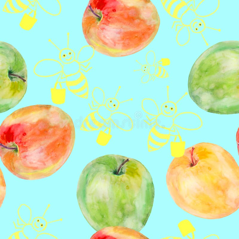 O teste padrão sem emenda com aquarela pintou as maçãs e as abelhas tiradas no photoshop ilustração royalty free O teste padrão sem emenda com aquarela pintou as maçãs e as abelhas tiradas no photoshop ilustração royalty free