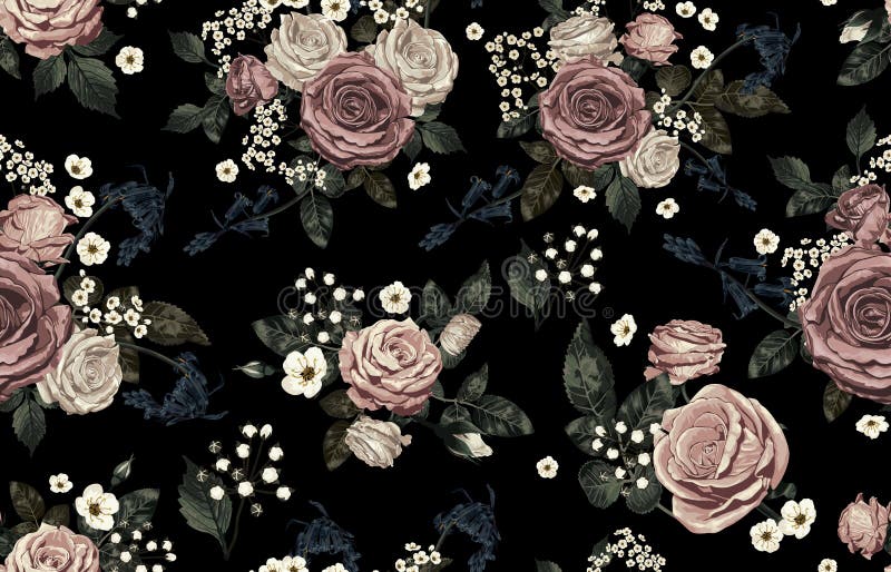 O teste padrão sem emenda de elegante cora flores tonificadas em um fundo preto