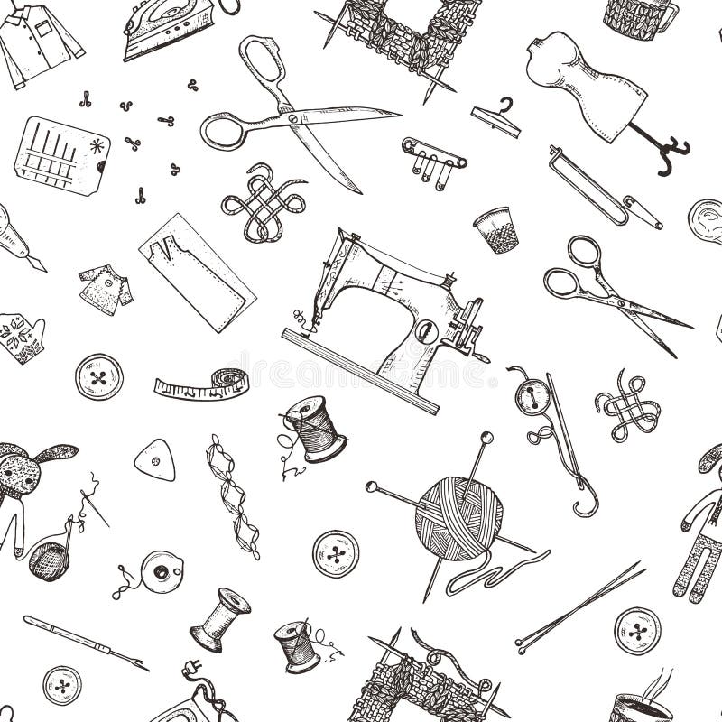 O teste padrão sem emenda de ferramentas e materiais da costura ou as ferramentas para fazer malha ou fazem crochê para o bordado ilustração royalty free O teste padrão sem emenda de ferramentas e materiais da costura ou as ferramentas para fazer malha ou fazem crochê para o bordado ilustração royalty free
