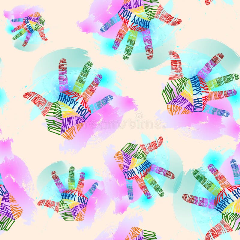 O teste padrão sem emenda do festival de Holi, mão colorido da tipografia imprime ilustração stock O teste padrão sem emenda do festival de Holi, mão colorido da tipografia imprime ilustração stock
