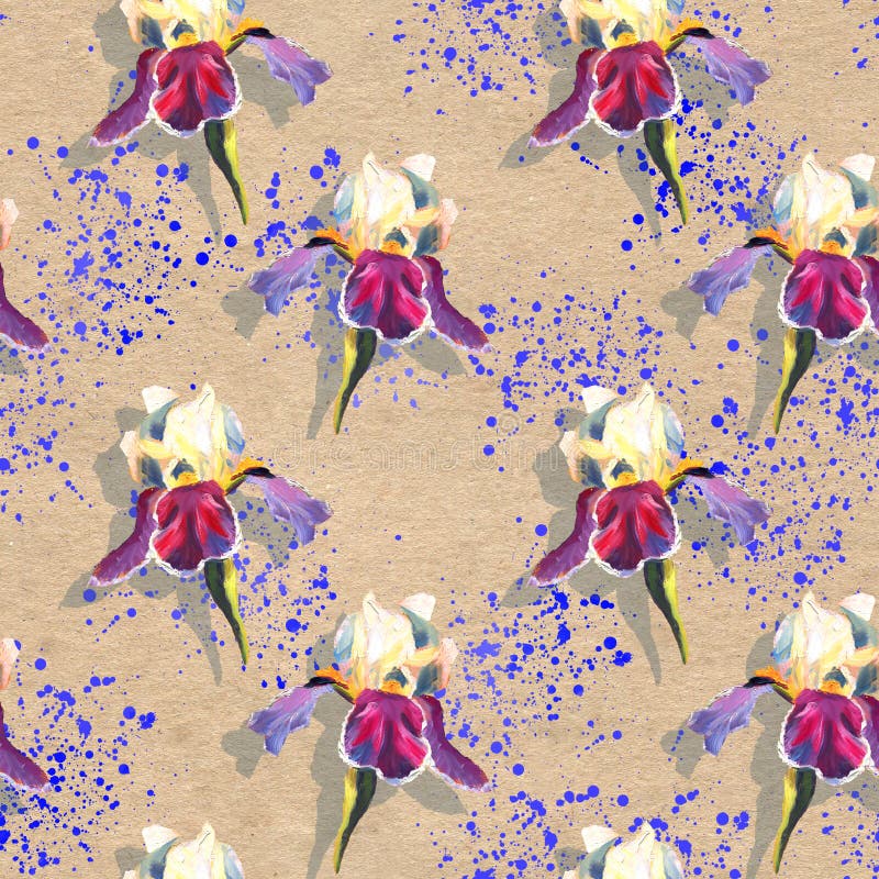 O teste padrão sem emenda floral com óleo pintou íris no papel que do ofício o fundo textured com azul brilhante espirra ilustração royalty free O teste padrão sem emenda floral com óleo pintou íris no papel que do ofício o fundo textured com azul brilhante espirra ilustração royalty free