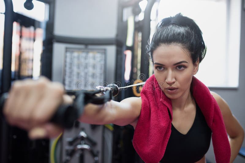O tiro horizontal da mulher moreno séria caucasiano poderosa está fazendo exercícios no gym Mulher desportiva que exercita com ba imagens de stock O tiro horizontal da mulher moreno séria caucasiano poderosa está fazendo exercícios no gym Mulher desportiva que exercita com ba imagens de stock