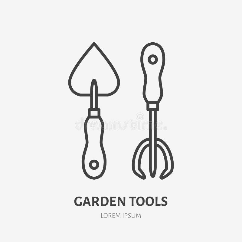 O trabalho do jardim utiliza ferramentas a linha lisa ícone Sinal da pá e da forquilha Logotipo linear fino para jardinar, agricu ilustração stock O trabalho do jardim utiliza ferramentas a linha lisa ícone Sinal da pá e da forquilha Logotipo linear fino para jardinar, agricu ilustração stock