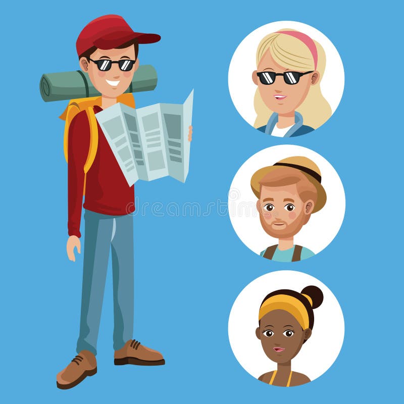 O turista do menino leu o guia do mapa com meninas do grupo ilustração stock O turista do menino leu o guia do mapa com meninas do grupo ilustração stock