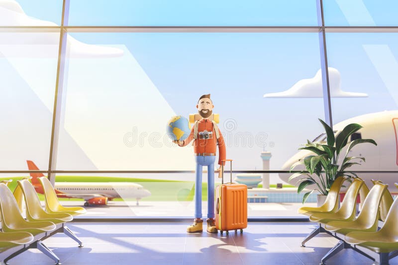 O turista do personagem de banda desenhada mantém o mundo inteiro na palma no aeroporto ilustração 3D Conceito do curso do mundo ilustração do vetor O turista do personagem de banda desenhada mantém o mundo inteiro na palma no aeroporto ilustração 3D Conceito do curso do mundo ilustração do vetor