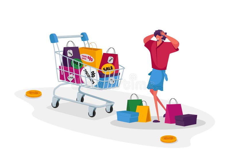 O tânără care face cumpărături cu multe genți de cumpărături. caracter cu buzunare goale, cu capul frustrat stock illustration