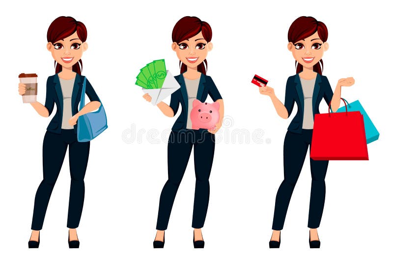 O tânără frumoasă femeie de afaceri tânără și frumoasă femeie de afaceri, set de trei poziții. stock illustration