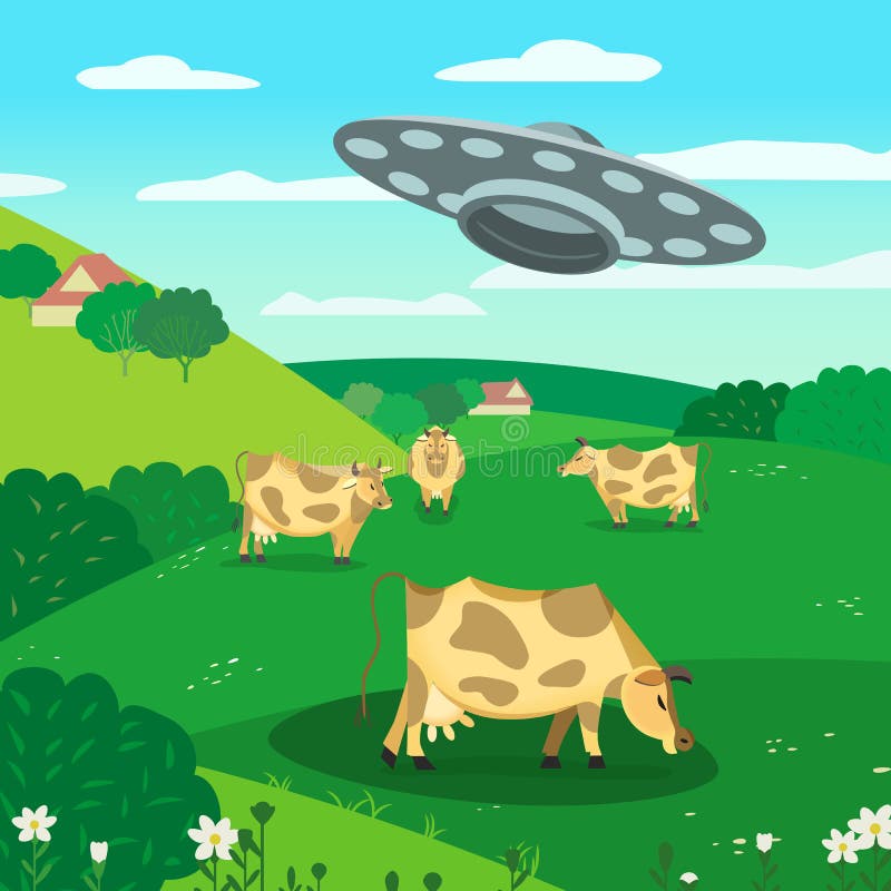 ufo sequestrando uma silhueta de vaca. nave espacial alienígena, adesivo de  desenho animado de objeto voador desconhecido futurista isolado em fundo  azul escuro. ilustração vetorial plana 6138912 Vetor no Vecteezy