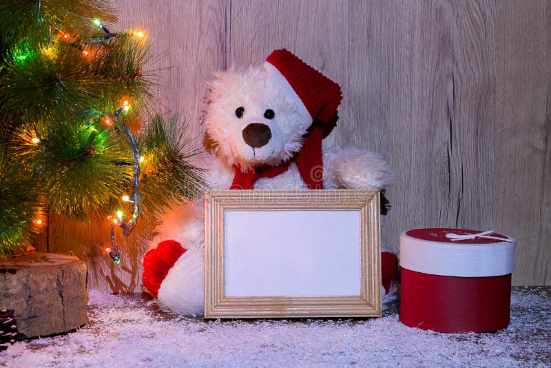 O urso de ano novo, de Natal que sentam-se sob uma árvore de abeto com os modelos de um quadro de madeira para uma foto ou o text fotos de stock royalty free O urso de ano novo, de Natal que sentam-se sob uma árvore de abeto com os modelos de um quadro de madeira para uma foto ou o text fotos de stock royalty free