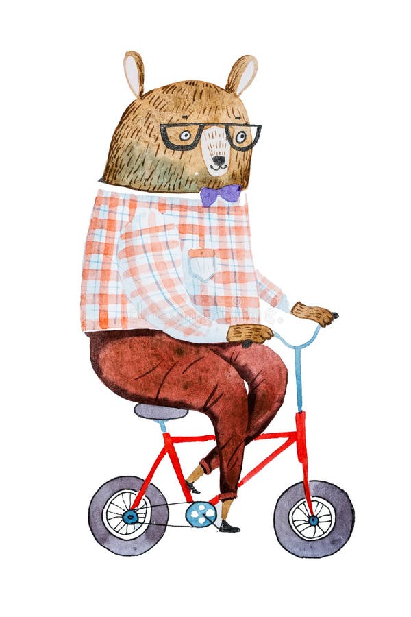 Cartoon bear dressed up in hipster clothes riding a bike drawn on white paper with watercolor technique. Cartoon bear dressed up in hipster clothes riding a bike drawn on white paper with watercolor technique.