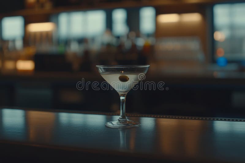 O vedere cât se poate de sumară a unui martini uscat, completat cu măsline încadrate într-un contur de bare royalty free stock photography