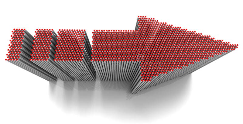 3D rendered red arrow composed of doted cylinders in diminishing perspective, metaphor for synergy. 3D rendered red arrow composed of doted cylinders in diminishing perspective, metaphor for synergy