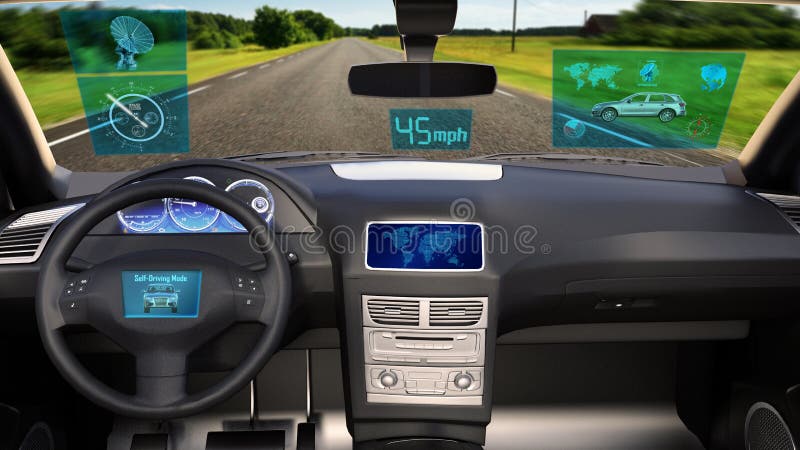 O veículo autônomo, carro driverless de SUV com os dados infographic que conduzem na estrada, dentro da vista, 3D rende imagens de stock royalty free O veículo autônomo, carro driverless de SUV com os dados infographic que conduzem na estrada, dentro da vista, 3D rende imagens de stock royalty free