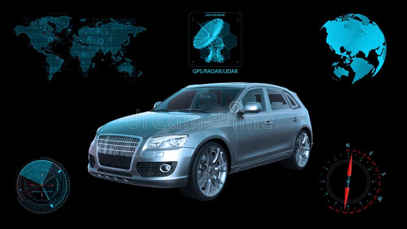Autonomous vehicle, driverless SUV car on black background with infographic data, 3D rendering. Autonomous vehicle, driverless SUV car on black background with infographic data, 3D rendering