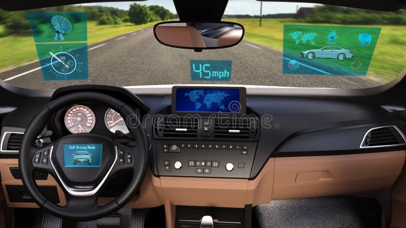 Driverless vehicle, autonomous sedan car with infographic data driving on the road, inside view, 3D rendering. Driverless vehicle, autonomous sedan car with infographic data driving on the road, inside view, 3D rendering