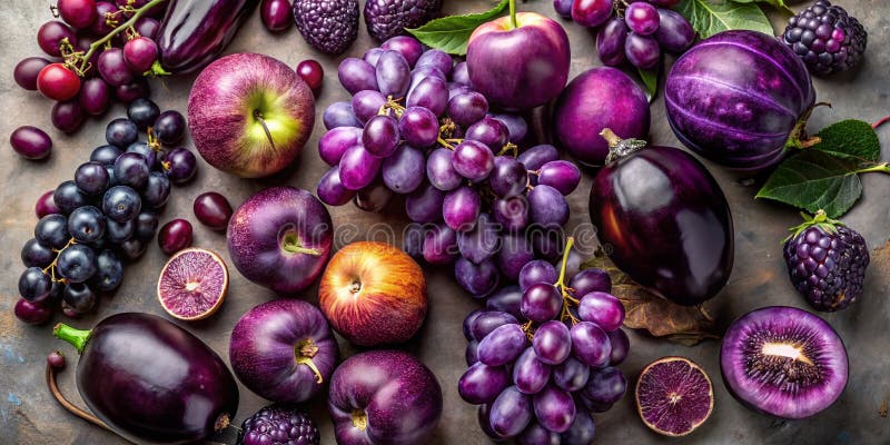 O Natură Moartă Captivantă cu Produse Violete: Prune, Struguri și Vinete, cu Spațiu Amplu pentru Designul Dumneavoastră vector illustration
