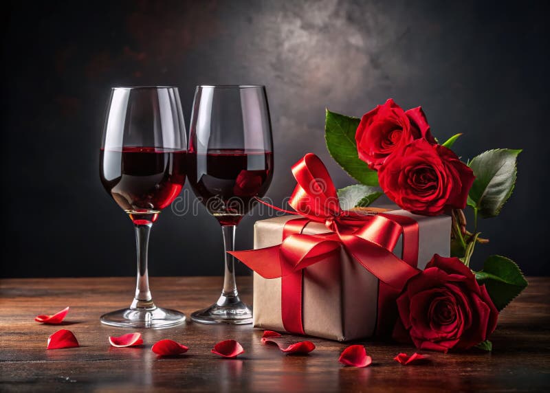 O zi de sfântul valentin captivantă, care încă trăiește un aranjament întunecat de vinuri rafinate, trandafiri eleganți și un gând vector illustration