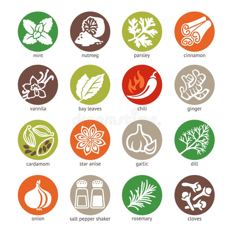 Vector icons collection - cooking ingredients: spices, condiments and herbs. Vector icons collection - cooking ingredients: spices, condiments and herbs