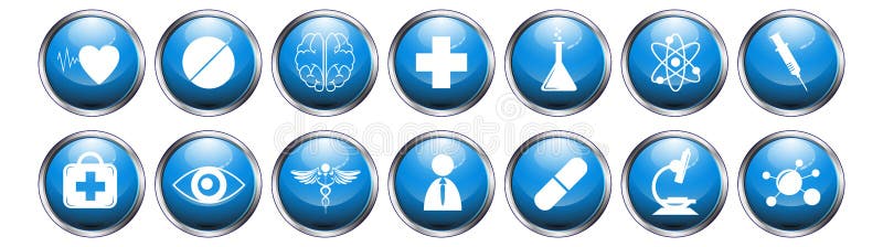 O ícone médico do botão metálico lustroso azul ajustou-se no fundo branco ilustração do vetor O ícone médico do botão metálico lustroso azul ajustou-se no fundo branco ilustração do vetor
