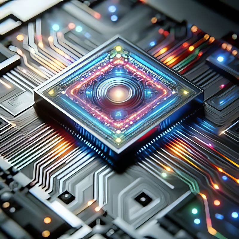 O închidere uimitoare a unui microcip futurist cu circuite vibrante strălucitoare și modele complicate care prezintă tehnologie av stock photo