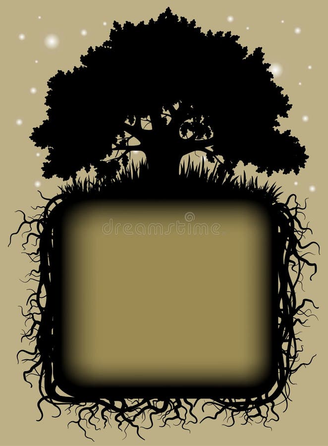 Oak tree black silhouette with roots and frame