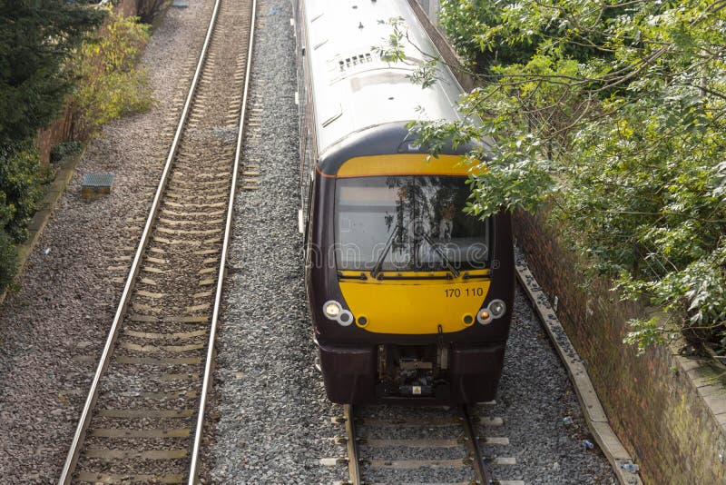 Oakham, United Kingdom. October 19, 2019 - close up view of yellow trin ,rail way station in Oakham, Rutland