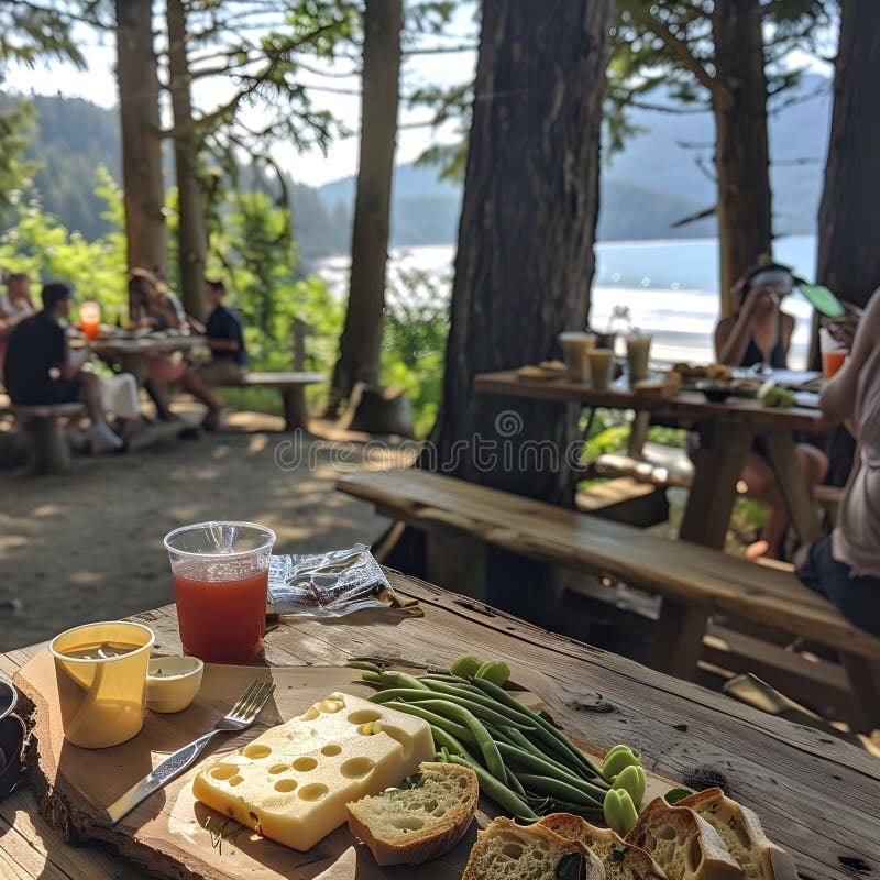 Oameni care se bucură de un prânz rustic de picnic de pâine cu brânză și fasole verde pe o masă de lemn în pădure, cu o vedere fru vector illustration