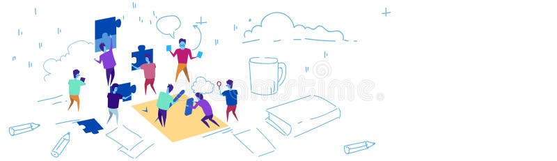 Oameni de afaceri care pun piese de puzzle echipă care lucrează la Puzzle Concept Solution Hardworking Process Doodle vector illustration