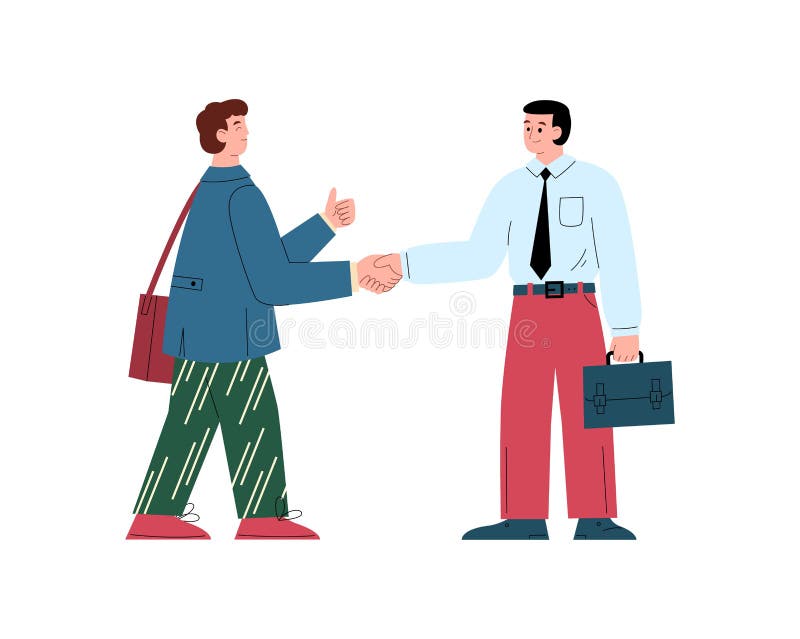 Oameni de afaceri fericiți cu serviete, strângeți mâinile cu ilustrații vectoriale plate, izolate pe fond alb. stock illustration