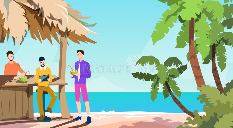 Oameni de afaceri grup de oameni de afaceri din bar tropical om de afaceri folosind tablete pe plajă vector illustration