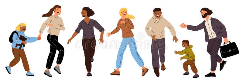 Oameni speriați care fug. fugind în panică persoane. emoție negativă. părinți care salvează copii. personaje speriate care scapă royalty free illustration