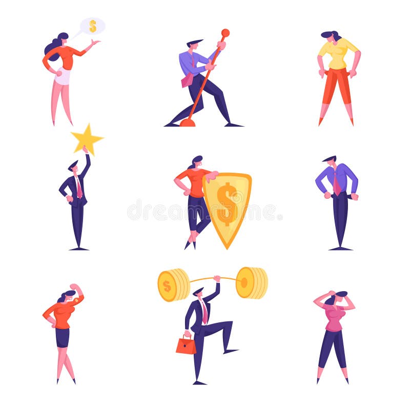 Oamenii de afaceri discută despre banii care țin clopoței de aur demonstrează că sunt mușchi cu protecția dolarilor prin intermedi vector illustration
