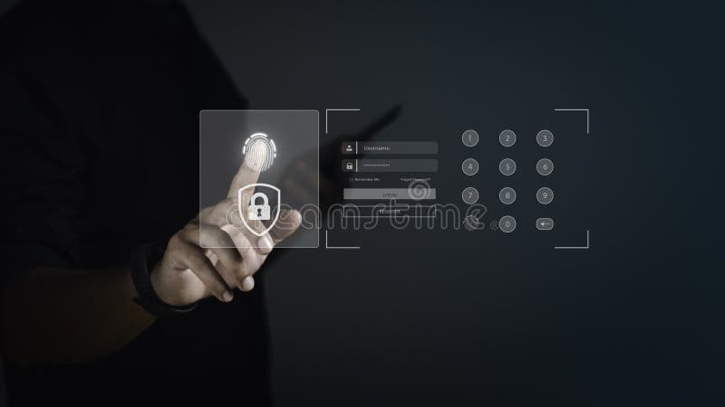 Oamenii de afaceri scanează procesarea amprentelor digitale și a autentificării biometrice în vederea accesării datelor cu caracte stock photo