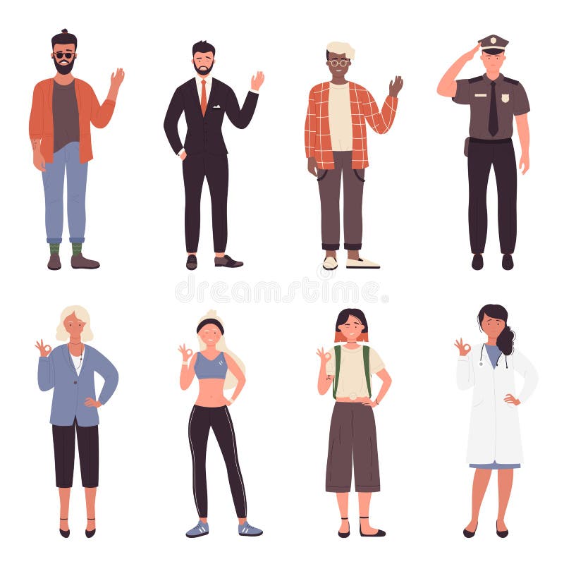 Oamenii salută și aleargă cu mâna tinere om de afaceri hipster polițist și băiat salutând stock illustration