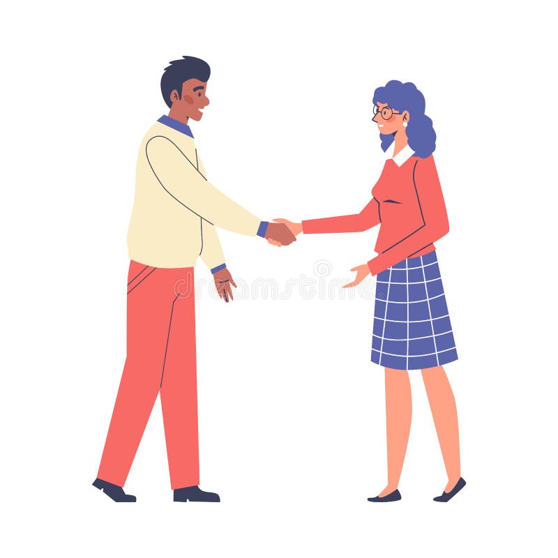 Oamenii se întâmpină reciproc cu ilustrarea vectorului plat cu strângere de mână. stock illustration