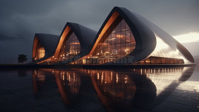 Oase der Ätherischen. Diese Abbildung wird mit Liebe unter Verwendung verschiedener digitaler Software und Hilfsprogramme erstellt.. ai-generierte Abbildung. ein faszinierendes architektonisches Meisterwerk, das ein futuristisches Gebäude mit raindropiniertem Design zeigt. die organische und flüssige Struktur fügt sich nahtlos in die Umgebung ein und schafft perfekte Reflexionen, die ein Gefühl der Ruhe und Ehrfurcht wecken.